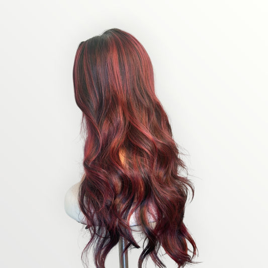 Style #28 Cookie - Wig Vault | 13x4 Lace Front | 30” | Burgundy Red with Purple & Black Highlights