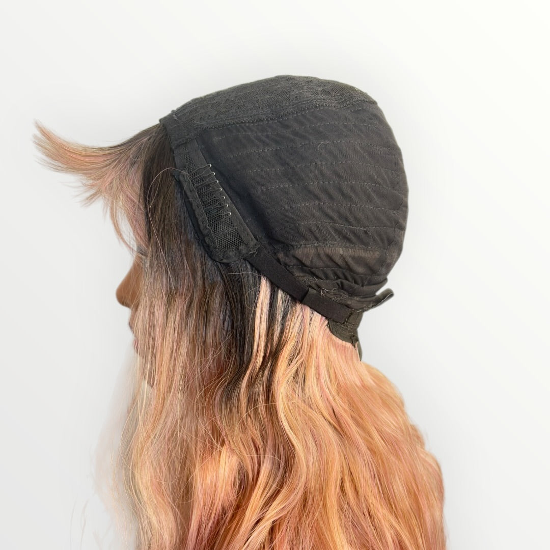 Style # 31 – Wig Vault | Closed Cap | 22” | Dark Pink Ombre with Bangs