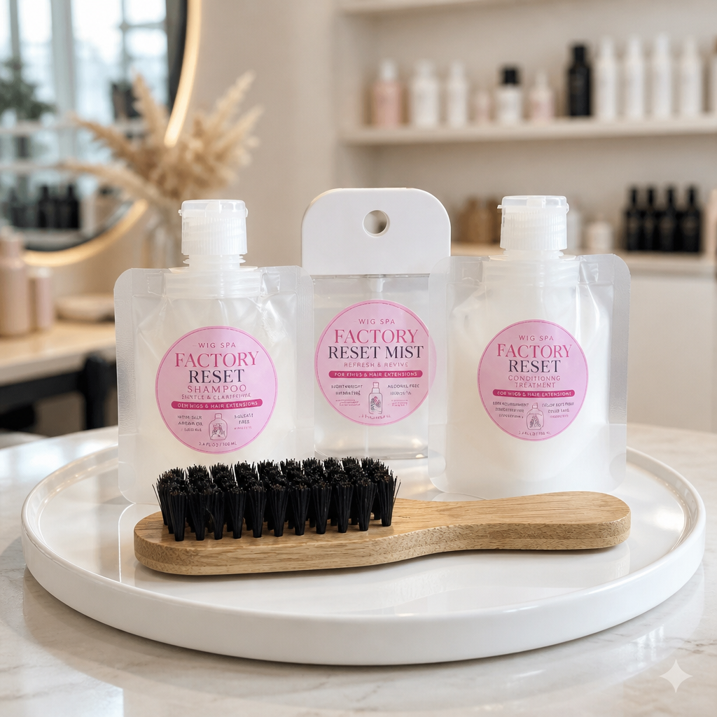 Wig Spa Factory Reset shampoo, mist & conditioner set with brush for wigs & hair extensions care