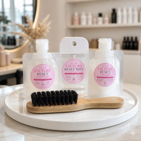 Wig Spa Factory Reset shampoo, mist & conditioner set with brush for wigs & hair extensions care