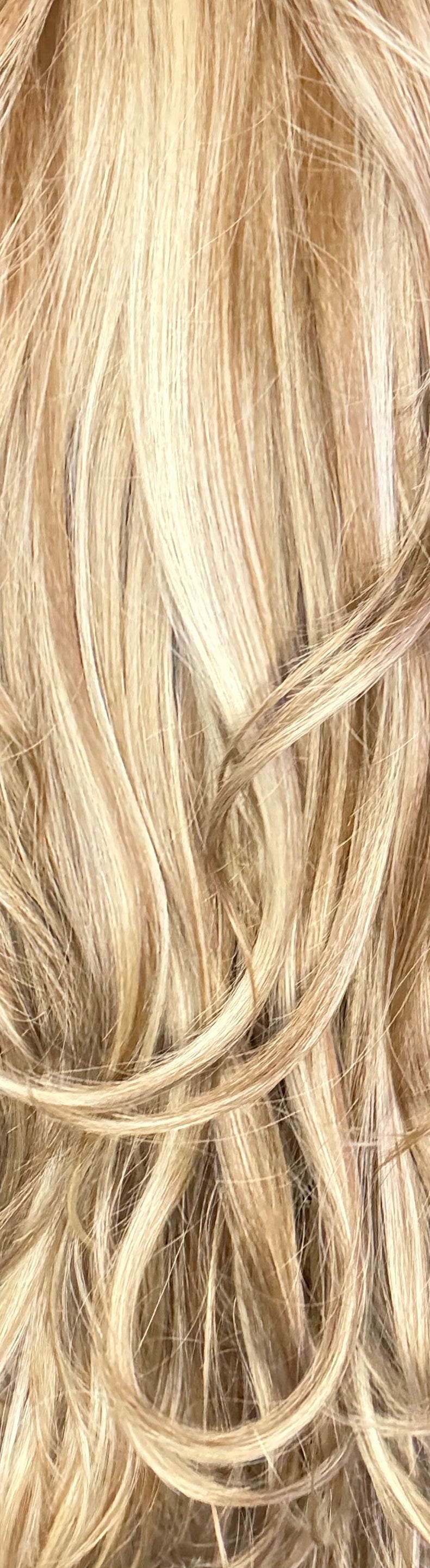 Close-up of blonde hair with a blurred indoor background