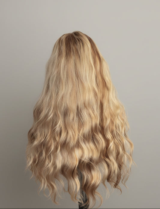 Blonde wig with wavy hair on a white background