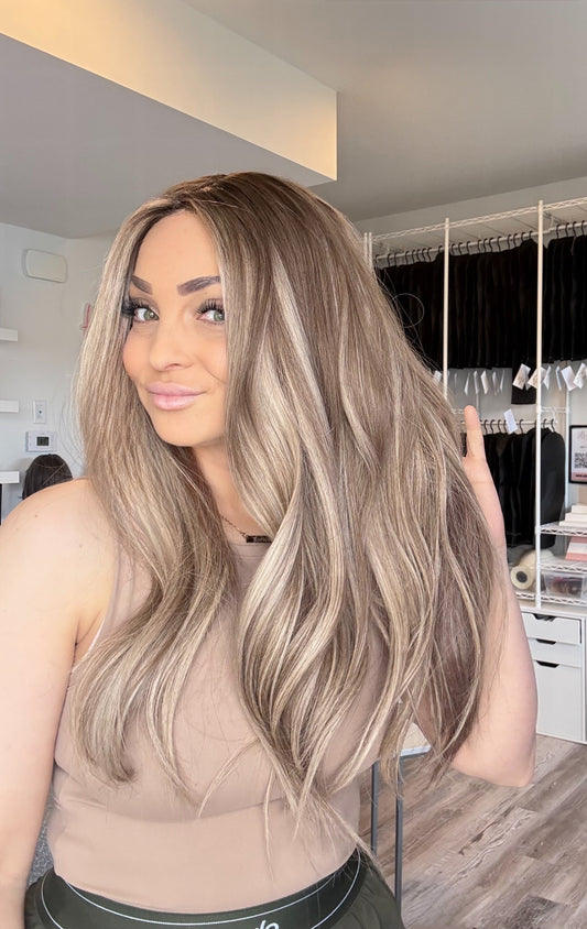 Ashely – 9x9 Silk Top Human Hair Topper | 22” | Luxury Beige Blonde Blend
