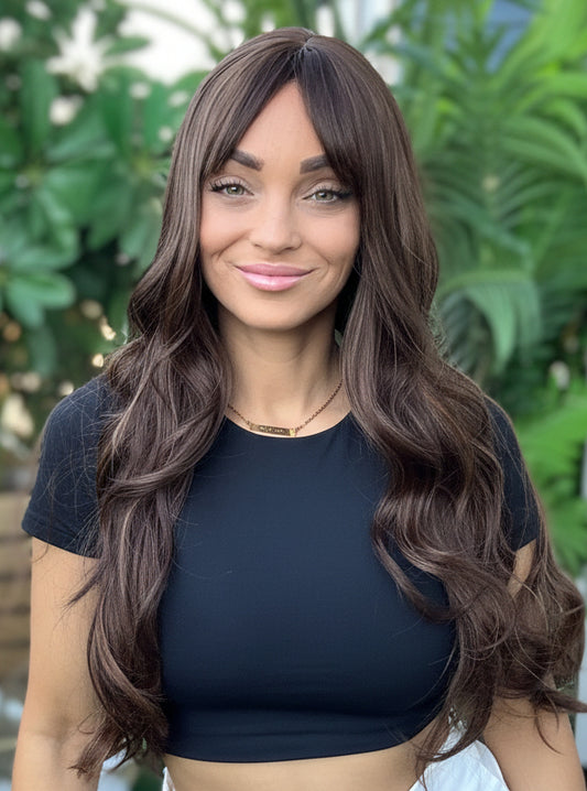 Coco - Non-Lace Wig | 26-28” | Rich Brown with Subtle Highlights + Bangs image 1
