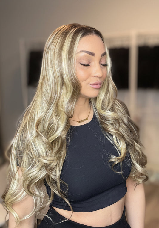 long light curl wig blonde and brown tones