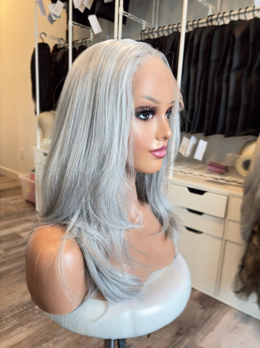 Daphne – 13x6 Transparent Swiss Lace Front Wig | 21” | Smoky Silver Grey Blend