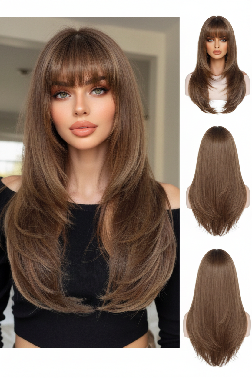 Layered Brunette Wig with Curtain Bangs | SWLC6344-3BR24