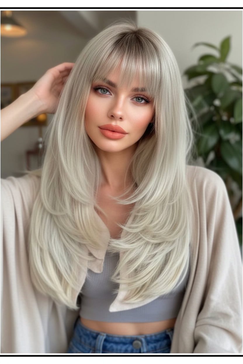 Icy Blonde Wig with Wispy Bangs | SWLC6344-4BL24