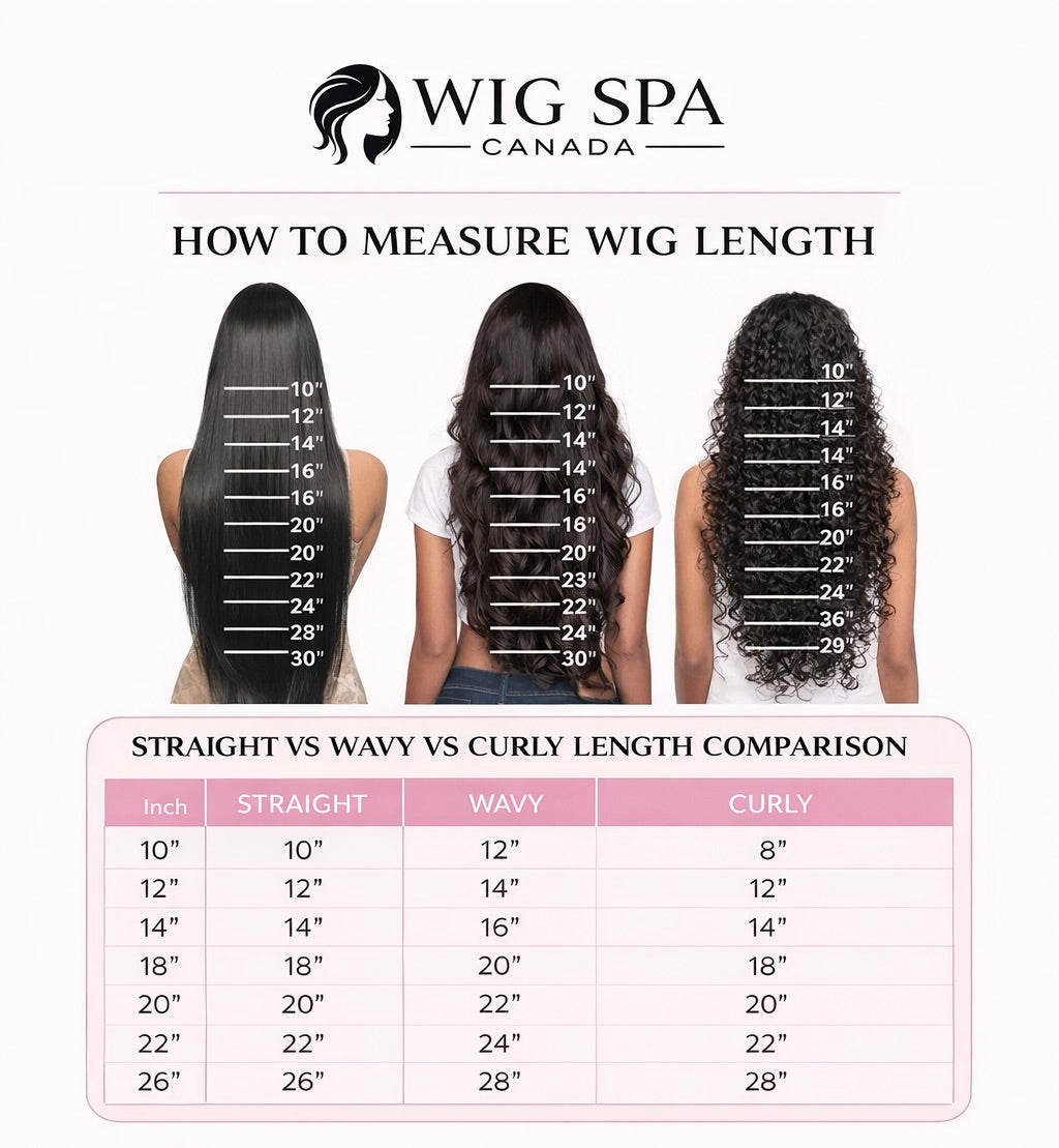 Wig Spa Canada chart showing how to measure wig length with three wig styles displayed.