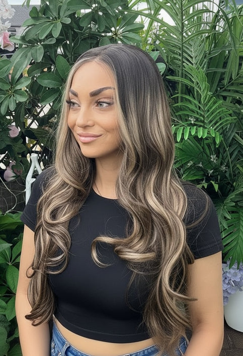 Tessa Wig Long Light Curl w/Dark Roots and Blonde and Brown Mix