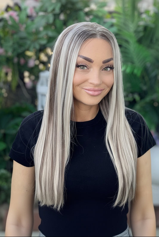 long blonde wig outside view