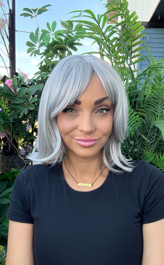 Greta – Non-Lace Wig | 12” | Grey Mix with Bangs image 1
