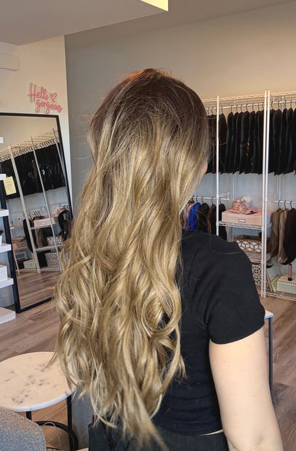 Cassidy - 30 Inch Dark Root to Dirty Blonde | Monofilament Wig | Glueless & C image 5