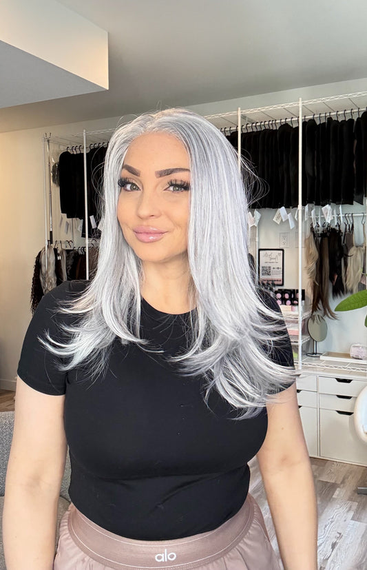 Daphne – 13x6 Transparent Swiss Lace Front Wig | 21” | Smoky Silver Grey Blend