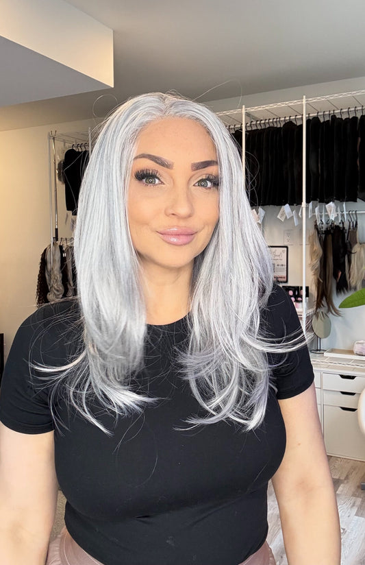 Daphne – 13x6 Transparent Swiss Lace Front Wig | 21” | Smoky Silver Grey Blend
