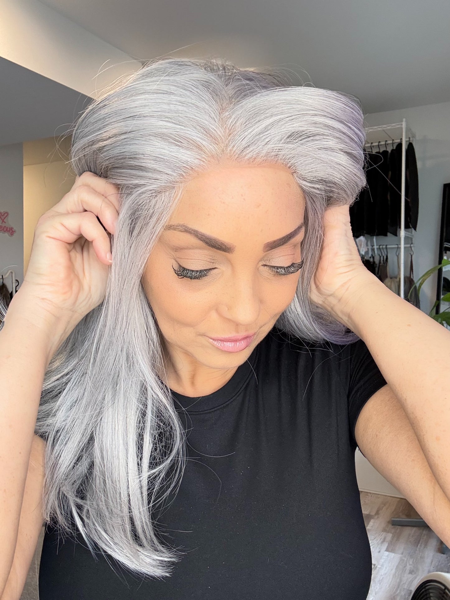Daphne – 13x6 Transparent Swiss Lace Front Wig | 21” | Smoky Silver Grey Blend