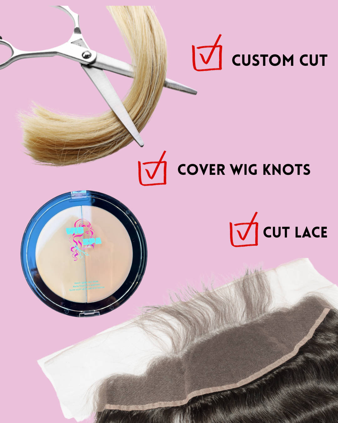 Hair care products with scissors, hair extensions, and a lace piece on a pink background.