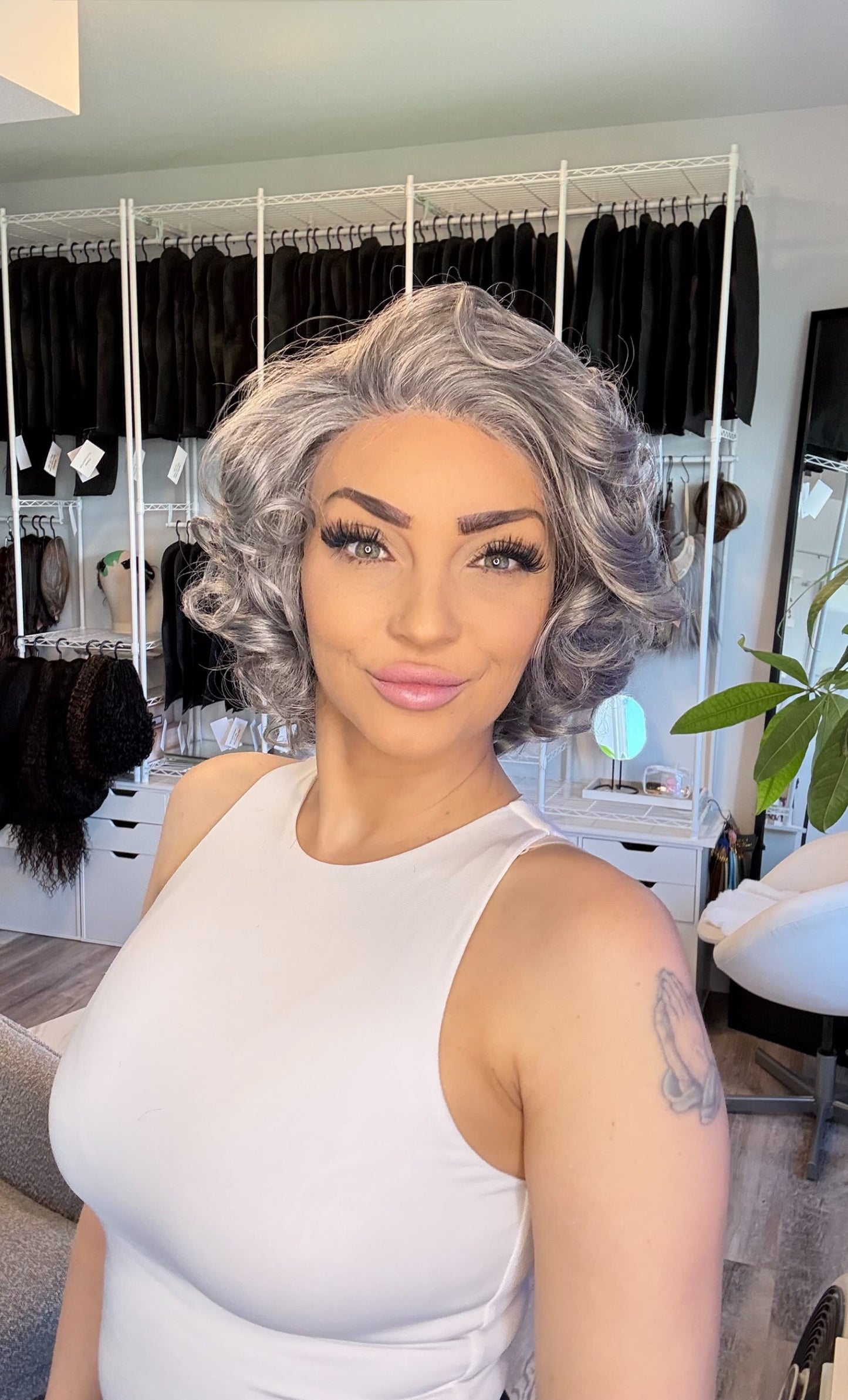 Josephine | Silver Grey Curly Lace Front Wig | 13x3 Transparent French Lace | Ready to Ship from Alberta Canada