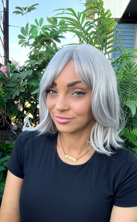Greta – Non-Lace Wig | 12” | Grey Mix with Bangs image 0