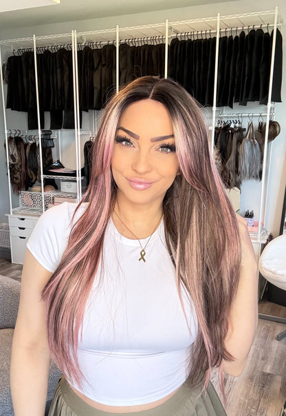 Dusty Rose | Reimagined Collection | T-Part French Lace Wig | Hand-Dipped Blush Pink Highlights
