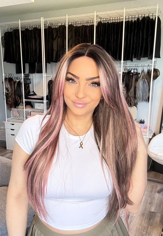Dusty Rose | Reimagined Collection | T-Part French Lace Wig | Hand-Dipped Blush Pink Highlights