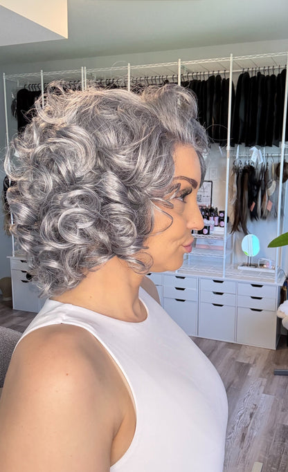 Josephine | Silver Grey Curly Lace Front Wig | 13x3 Transparent French Lace | Ready to Ship from Alberta Canada