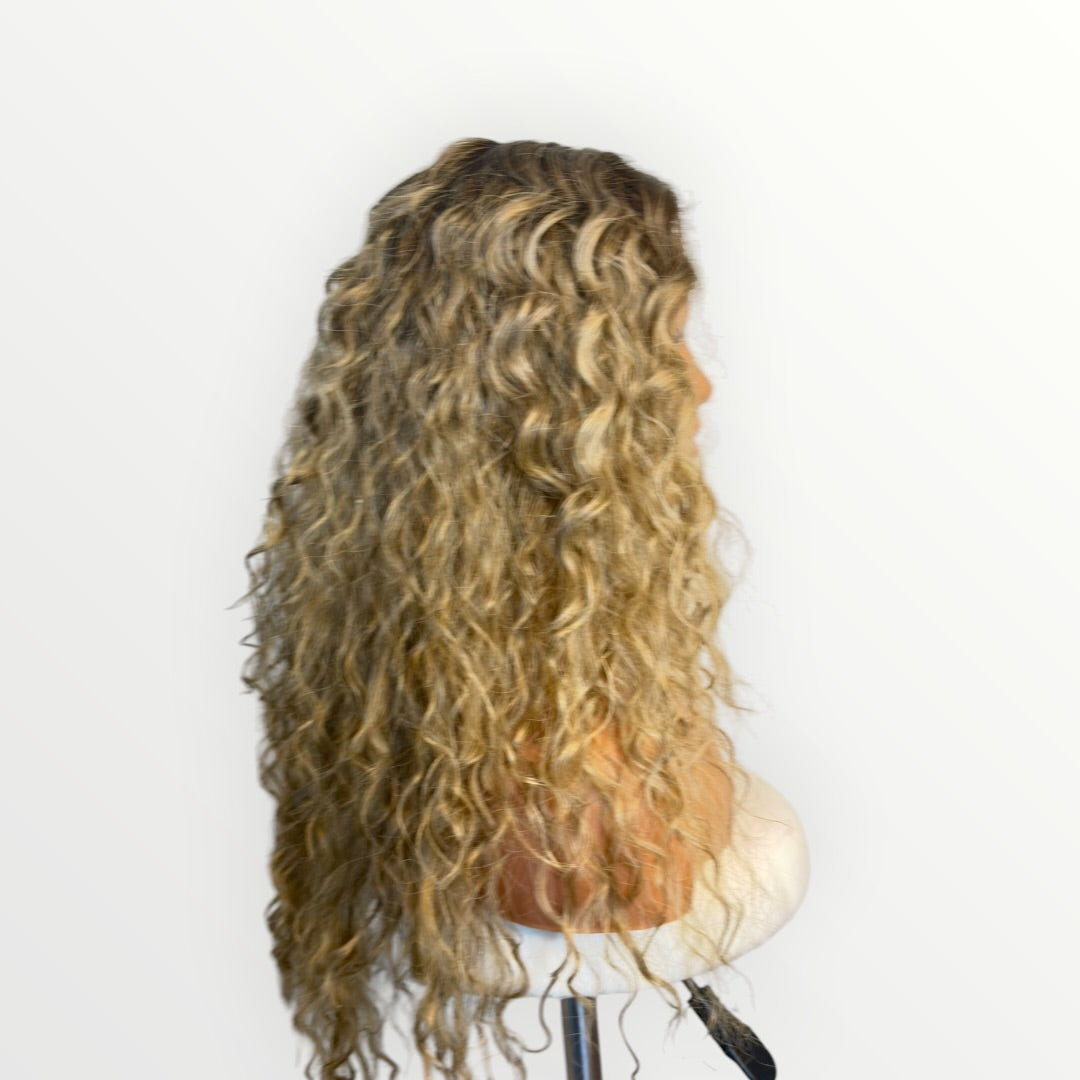 Style #33- Wig Vault | T-Part Lace | 26” | Blonde with Brown Roots Spiral Curl