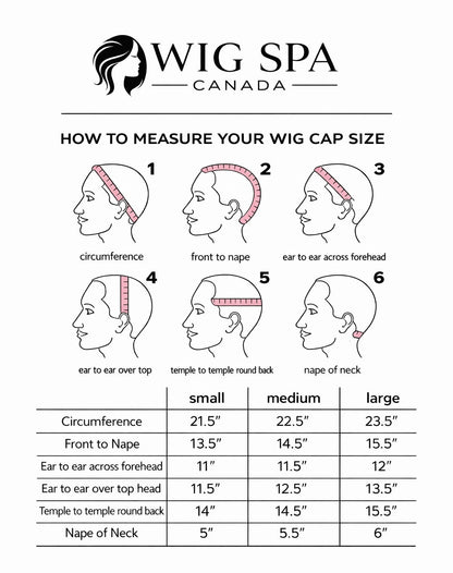Instructions on how to measure wig cap size with illustrations and measurements for Wig Spa Canada.
