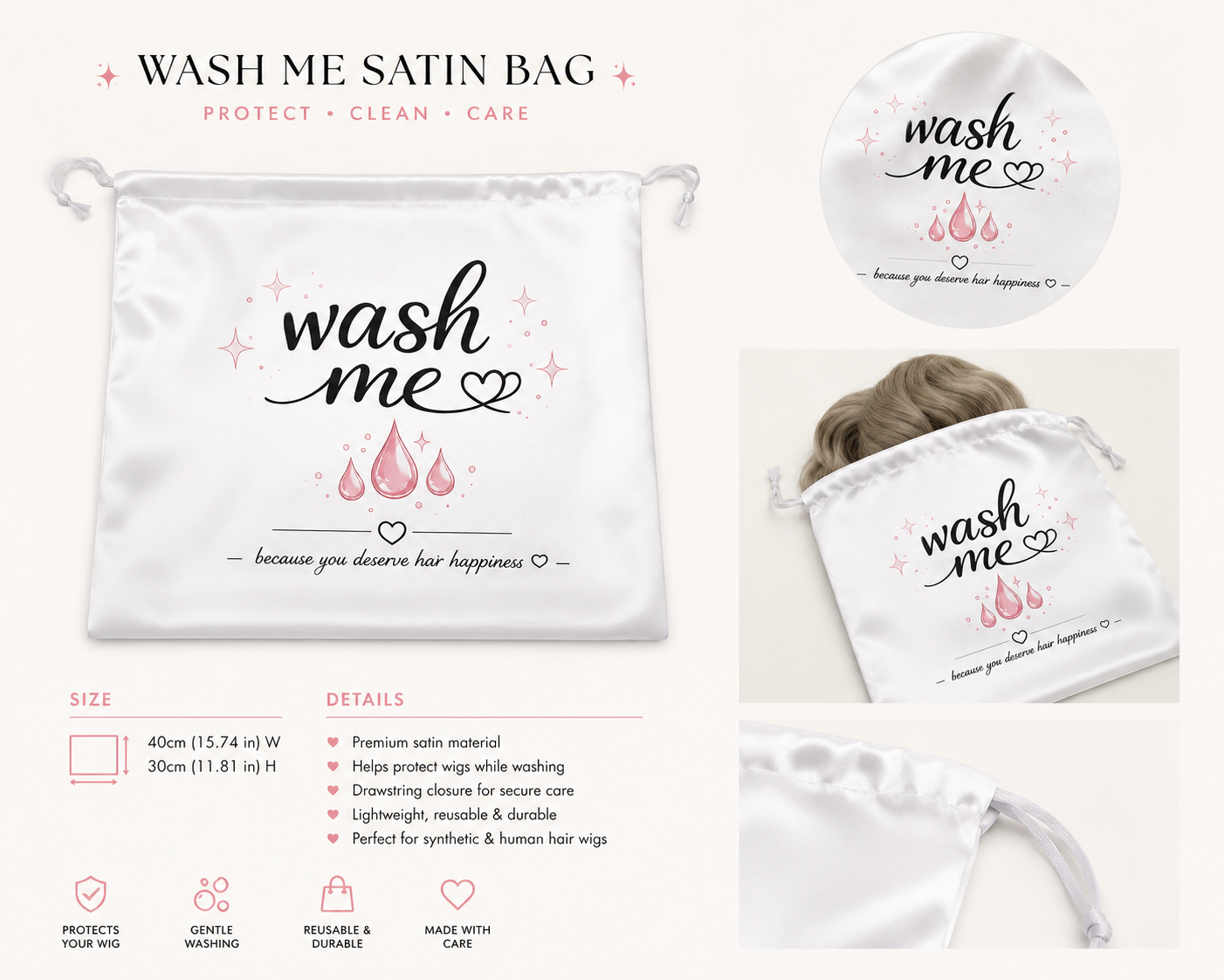 Wash Me  & I’m Clean Satin Wig Care Bag Set | Organize. Protect. Simplify.