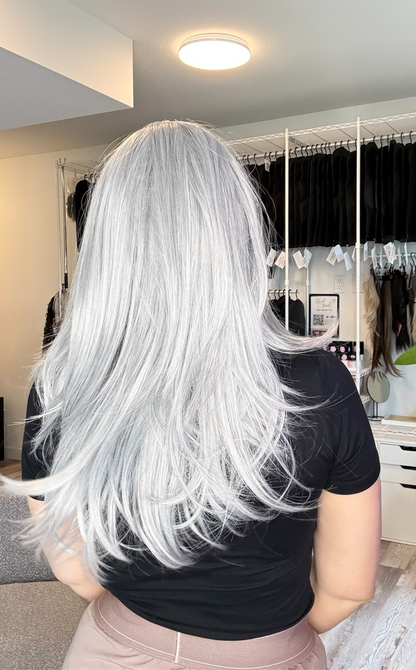 Daphne – 13x6 Transparent Swiss Lace Front Wig | 21” | Smoky Silver Grey Blend
