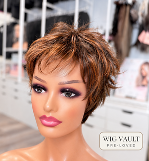 Wig Vault: “DG/ 18” - Short Brown Choppy Spiky Pixie with Copper Highlights | Pre-Loved | Wigs Canada