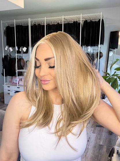 Celena | Golden Blonde Monofilament Wig | 17–20” | Heat Safe Synthetic Fibres