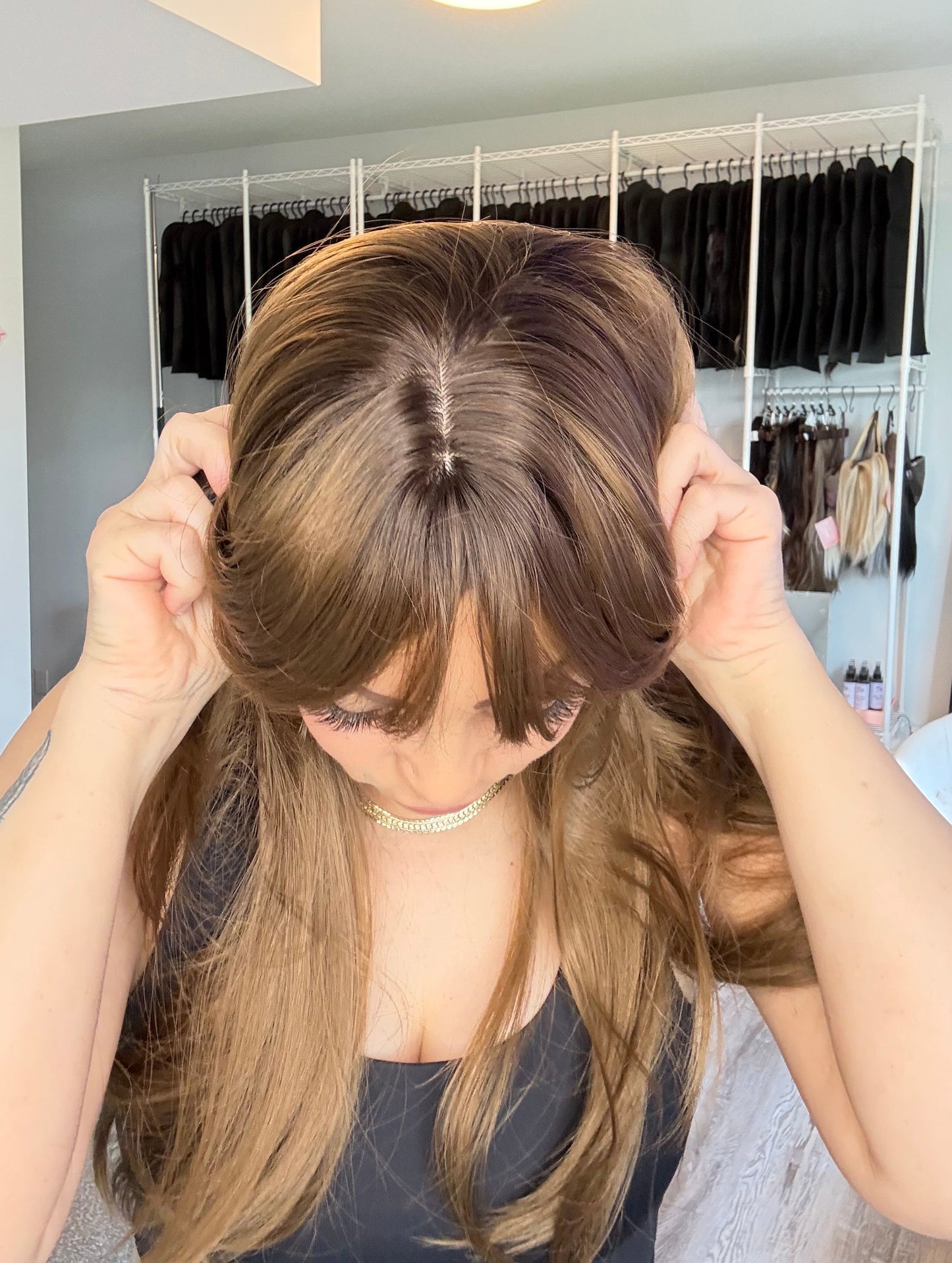 Christine Long Brunette Wig with Curtain Bangs | SWLC6344-3BR24