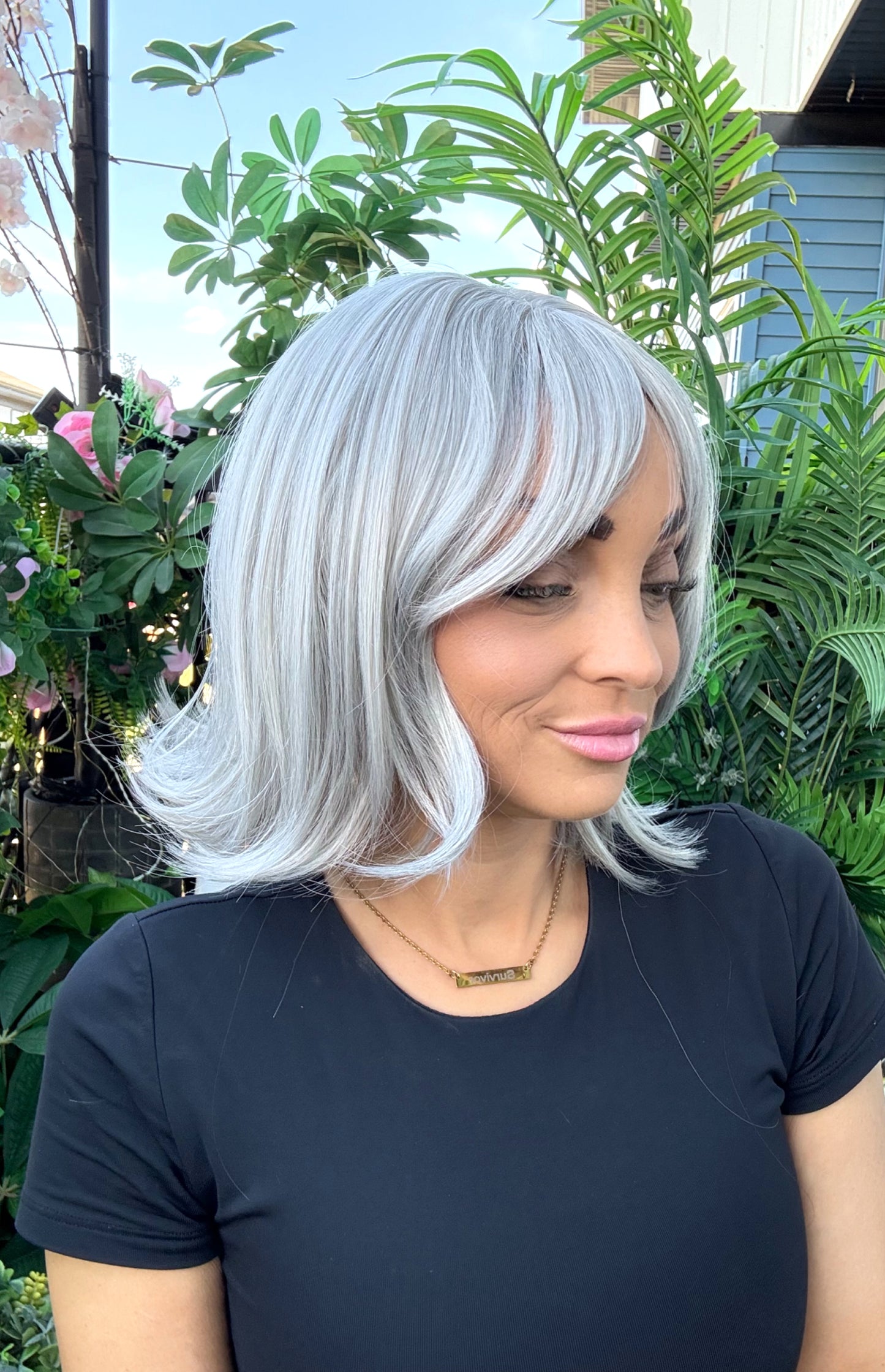 Greta – Non-Lace Wig | 12” | Grey Mix with Bangs image 2