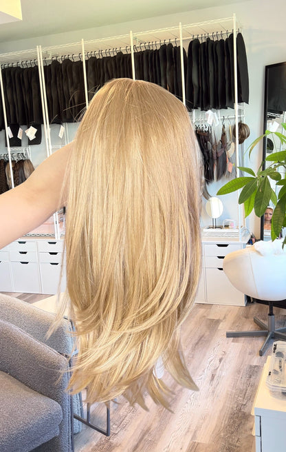 Celena | Golden Blonde Monofilament Wig | 17–20” | Heat Safe Synthetic Fibres