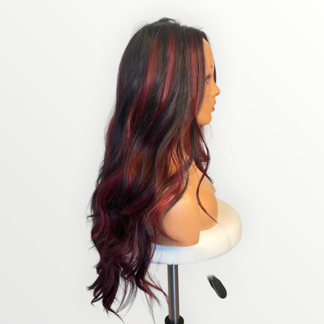 Style #28 Cookie - Wig Vault | 13x4 Lace Front | 30” | Burgundy Red with Purple & Black Highlights
