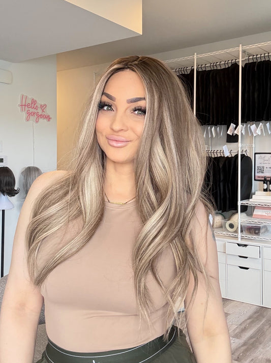 Ashely – 9x9 Silk Top Human Hair Topper | 22” | Luxury Beige Blonde Blend