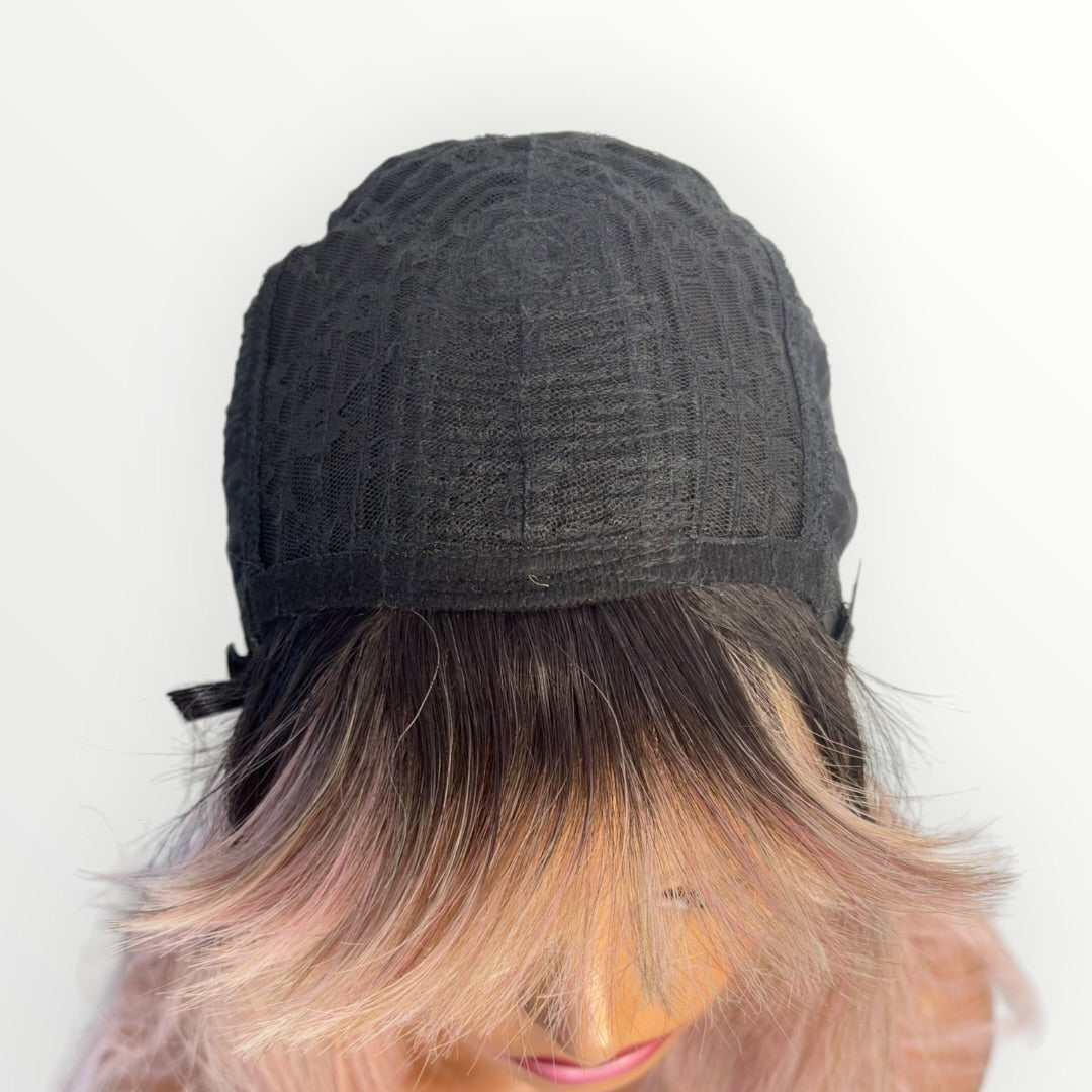 Style # 31 – Wig Vault | Closed Cap | 22” | Dark Pink Ombre with Bangs