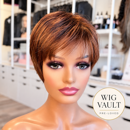 Wig Vault: “DG/ 11” - Short Brown Pixie Bob with Copper Tones | Pre-Loved | Wigs Canada