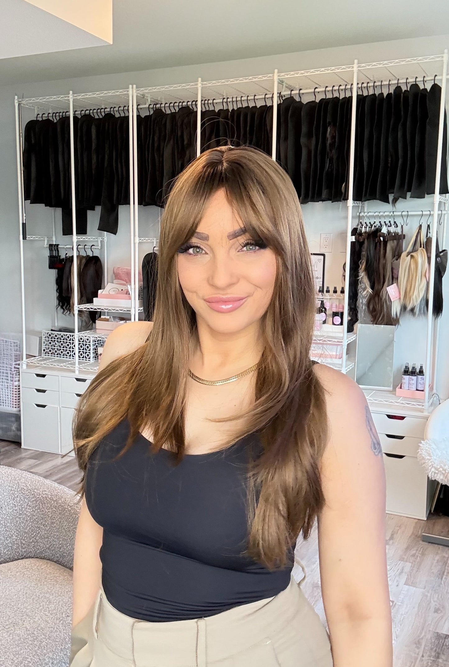 Christine Long Brunette Wig with Curtain Bangs | SWLC6344-3BR24