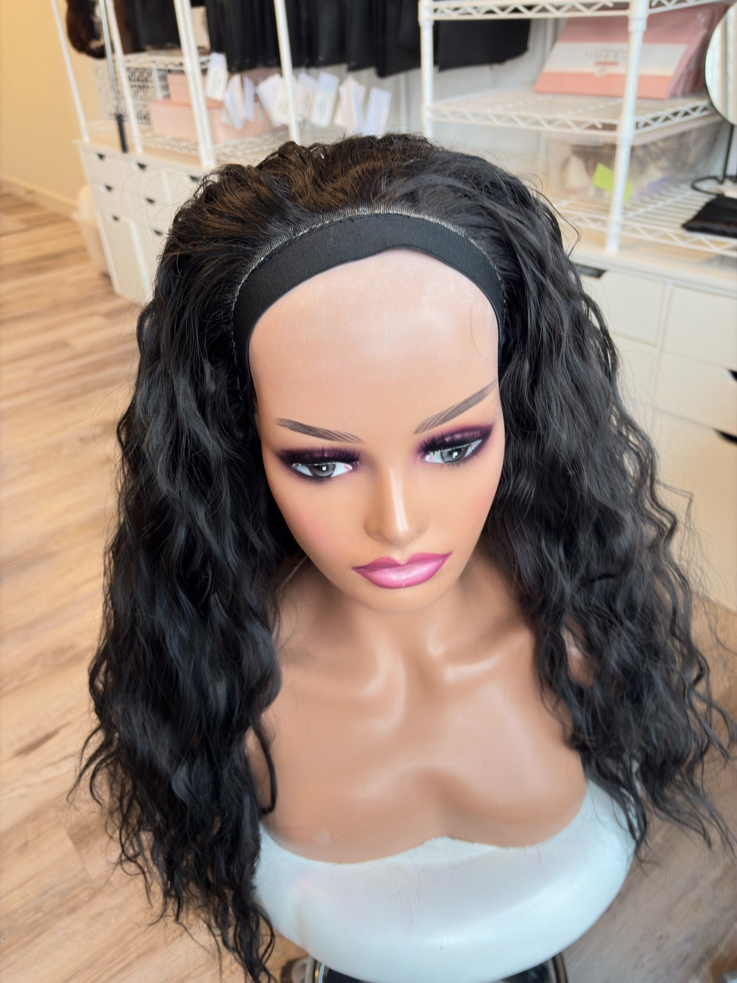 Jorden – Custom Ponytail Headband Wig | Handmade | Silicone Lined | Drawstring Fit | Dark Espresso Brown