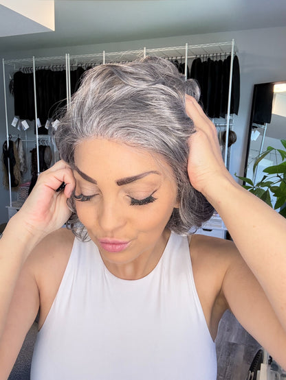 Josephine | Silver Grey Curly Lace Front Wig | 13x3 Transparent French Lace | Ready to Ship from Alberta Canada