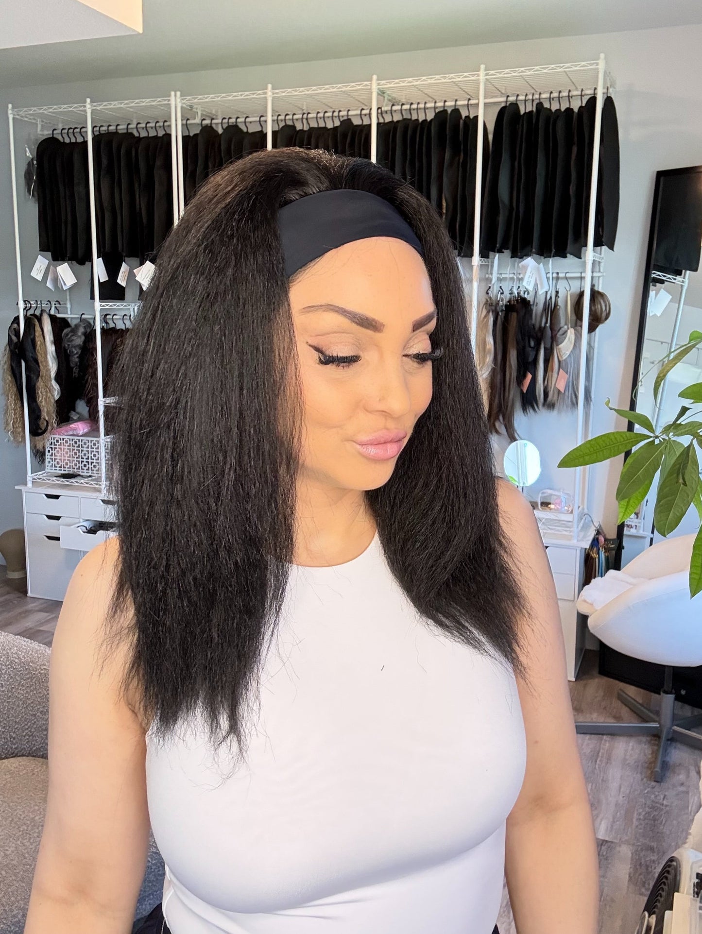 Espresso Texture | Kinky Yaki Headband Wig | 16” | Small Cap