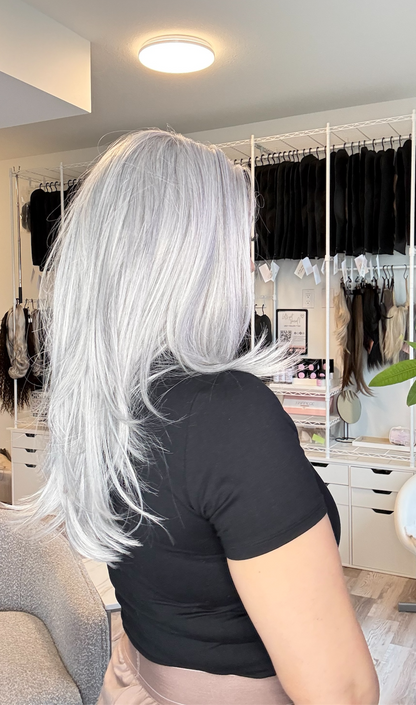 Daphne – 13x6 Transparent Swiss Lace Front Wig | 21” | Smoky Silver Grey Blend