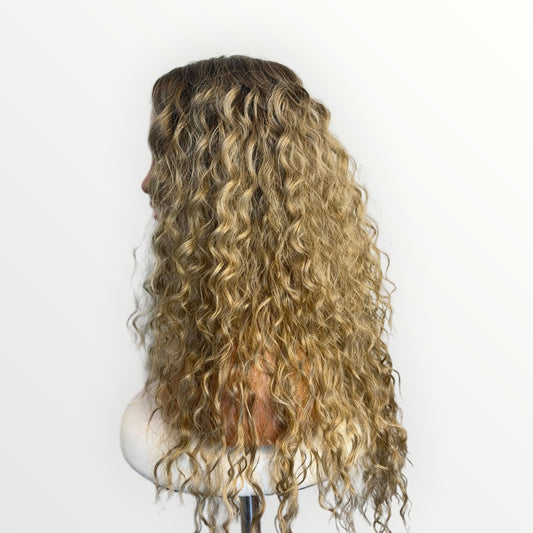 Style #33- Wig Vault | T-Part Lace | 26” | Blonde with Brown Roots Spiral Curl