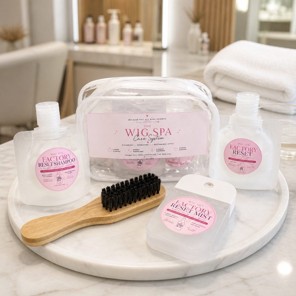 Wig care kit with Factory Reset shampoo, mist, brush & travel bag for synthetic and human hair wigs