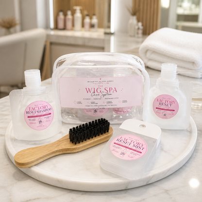 Wig care kit with Factory Reset shampoo, mist, brush & travel bag for synthetic and human hair wigs