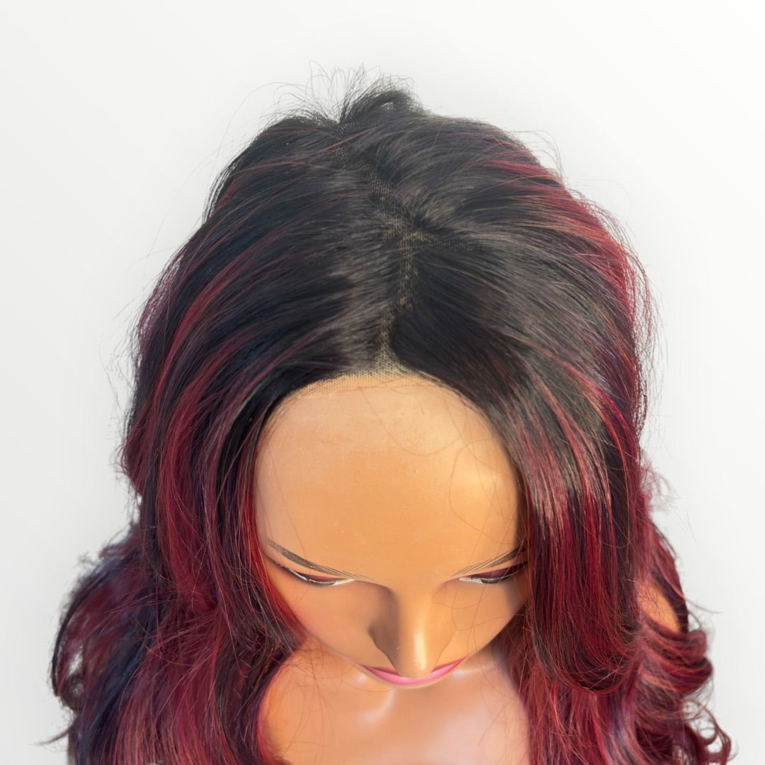 Style #28 Cookie - Wig Vault | 13x4 Lace Front | 30” | Burgundy Red with Purple & Black Highlights