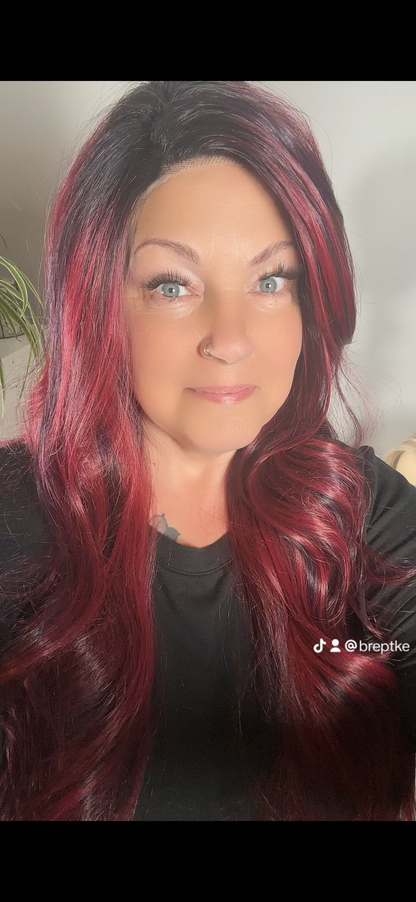 Style #28 Cookie - Wig Vault | 13x4 Lace Front | 30” | Burgundy Red with Purple & Black Highlights