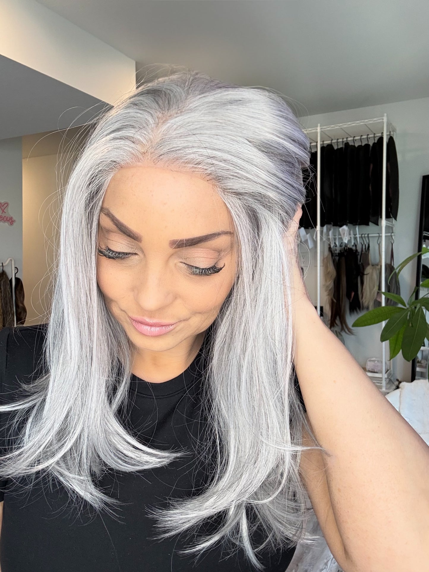 Daphne – 13x6 Transparent Swiss Lace Front Wig | 21” | Smoky Silver Grey Blend